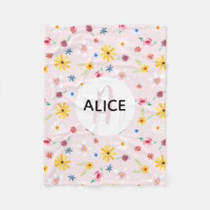 Girls Cute Flower Pattern Monogram and Name Kids Fleece Blanket