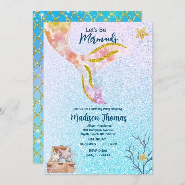 Girls Cute Glitter Mermaid  Sea Birthday Party Invitation (Front/Back)
