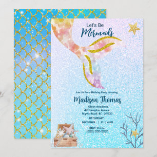 Girls Cute Glitter Mermaid  Sea Birthday Party Invitation
