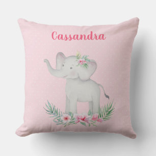 Girls Cute Grey Elephant Pink Flowers Polka Dots Cushion