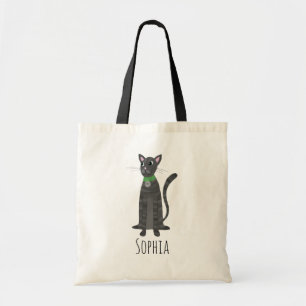 Girls Cute Grey Tabby Kitty Cat & Name Kids Tote Bag
