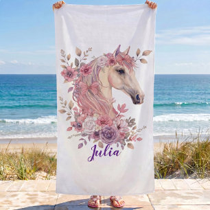 Girls Cute Horse Personalised Name Beach Towel