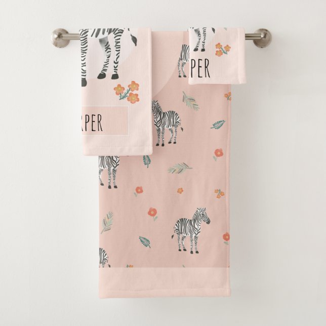 Girls Cute Jungle Safari Animals Zebra & Name Bath Towel Set (Insitu)
