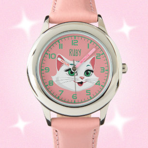 Girls Cute Kitty Cat Name White Pink Mint Watch