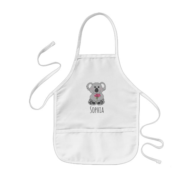 Girls Cute Koala Bear Cartoon Flowers and Name Kids Apron (Front)