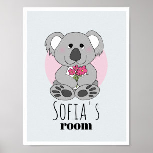 Girls Cute Koala Bear Cartoon & Name Kids Room Poster