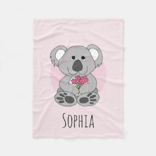 Girls Cute Koala Bear Flowers and Name Kids Fleece Blanket
