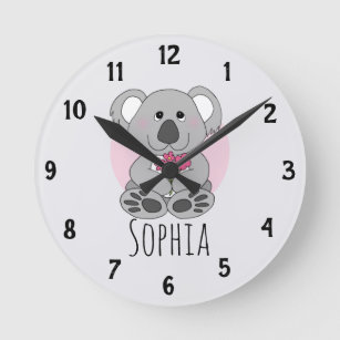 Girls Cute Koala Bear with Flowers Kids Nursery Round Clock