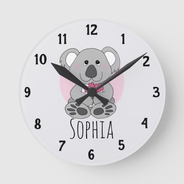 Girls Cute Koala Bear with Flowers Kids Nursery Round Clock (Front)