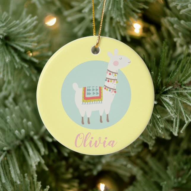 Girls Cute Llama Personalised Kids Ceramic Ornament (Tree)