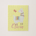 Girls Cute Llama Personalised Name Kids Jigsaw Puzzle<br><div class="desc">This adorable puzzle design features a cute llama illustration and butterfly over a pastel yellow background.
This puzzle set can be easily personalised.
Personalised puzzles make great gifts for children!
Pair this puzzle with other similar designed home and
nursery items in this wonderful collection. For more, visit the store.</div>