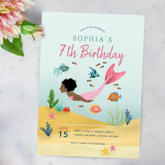Girls Cute Magical Afro Mermaid 7th Birthday Invitation (Creator Uploaded)