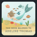 Girls Cute Magical Mermaid Kids School Bookplate Square Sticker<br><div class="desc">This cute set of kids' bookplate stickers features an adorable brunette mermaid, with fish and a crab. This magical and colourful design also features a place for you to add your girl's name. You are also welcome to edit the text 'this book belongs to..' The perfect whimsical addition to your...</div>