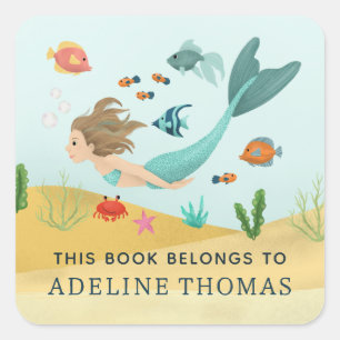Girls Cute Magical Mermaid Kids School Bookplate Square Sticker