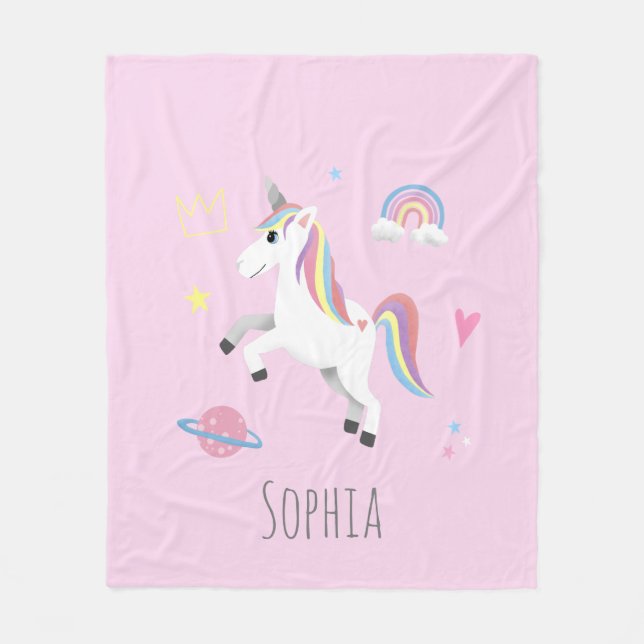 Girls Cute Magical Pink Unicorn Kids Fleece Blanket (Front)