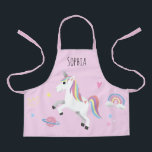Girls Cute Magical Pink Unicorn & Name Kids Apron<br><div class="desc">This cute and whimsical pink kids apron design features a unicorn cartoon,  planet,  stars,  a crown,  a rainbow and heart,  and can be personalised with your girls name. The perfect magical gift for your little chef or gardener!</div>
