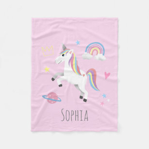 Girls Cute Magical Pink Unicorn & Name Kids Fleece Blanket
