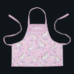 Girls Cute Magical Pink Unicorn Pattern Kids Apron<br><div class="desc">This cute and whimsical pink kids apron design features a unicorn cartoon,  planet,  stars,  a crown,  a rainbow and heart pattern,  and can be personalised with your girls name. The perfect magical gift for your little chef or gardener!</div>