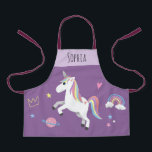 Girls Cute Magical Purple Unicorn & Name Kids Apron<br><div class="desc">This cute and whimsical purple kids apron design features a unicorn cartoon,  planet,  stars,  a crown,  a rainbow and heart,  and can be personalised with your girls name. The perfect magical gift for your little chef or gardener!</div>
