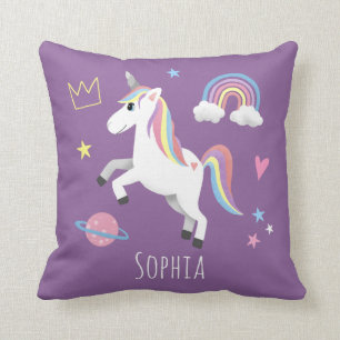Girls Cute Magical Purple Unicorn & Name Kids Cushion