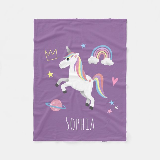 Girls Cute Magical Purple Unicorn & Name Kids Fleece Blanket (Front)