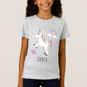 Girls Cute Magical Purple Unicorn & Name T-Shirt