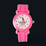 Girls Cute Magical Rainbow Unicorn and Name Kids Watch<br><div class="desc">This cute and magical kids' watch features an adorable, hand painted watercolor rainbow unicorn with a pink background. This lovely colourful design also features a place for you to add your girl's name. With clear, easily readable numbers, this 'first' watch is great for those just starting out on learning the...</div>