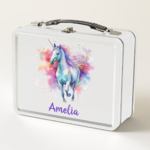 Girls Cute Magical Unicorn Personalised School Metal Lunch Box
