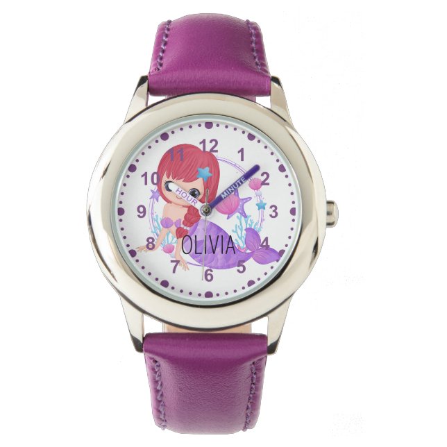 Girls Cute Mermaid Purple Custom Name Watch (Front)