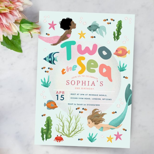 Girls Cute Mermaid Two The Sea Birthday Invitation (Creator Uploaded)