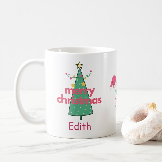 Girls Cute Merry Pink Christmas Tree Mug (With Donut)