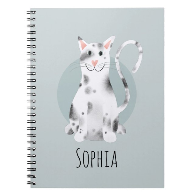 Girls Cute Modern Blue Cat Kids School Notebook (Front)