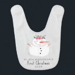 Girls Cute Modern First Christmas Snowman Bib<br><div class="desc">This cute and simple 1st Christmas baby bib design features a chic watercolor-style snowman wearing a Christmassy winter garland (watercolor flowers),  as well as space for you to add your baby girl's name. The perfect winter keepsake for you little one this Christmas.</div>