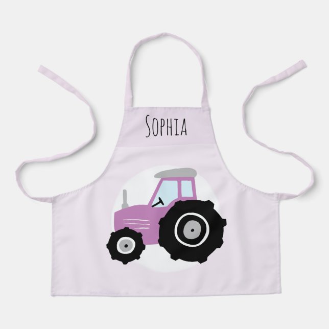 Girls Cute Modern Purple Farm Tractor & Name Kids Apron (Front)