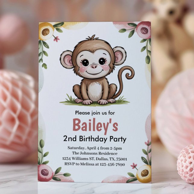 Girls Cute Monkey Jungle Birthday Party Invitation (Creator Uploaded)