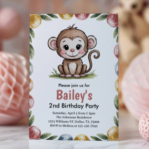 Girls Cute Monkey Jungle Birthday Party Invitation