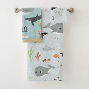 Girls Cute Ocean Whale and Sea Pattern Kids Bath T Towel Set