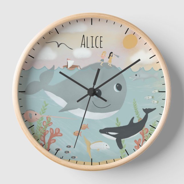 Girls Cute Ocean Whale Illustration Kids Nursery Clock (Front)