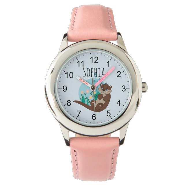 Girls Cute Otter Cartoon Flowers and Name Kids Watch (Front)