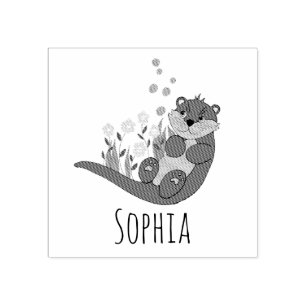 Girls Cute Otter Cartoon Flowers & Name Bookplate Rubber Stamp