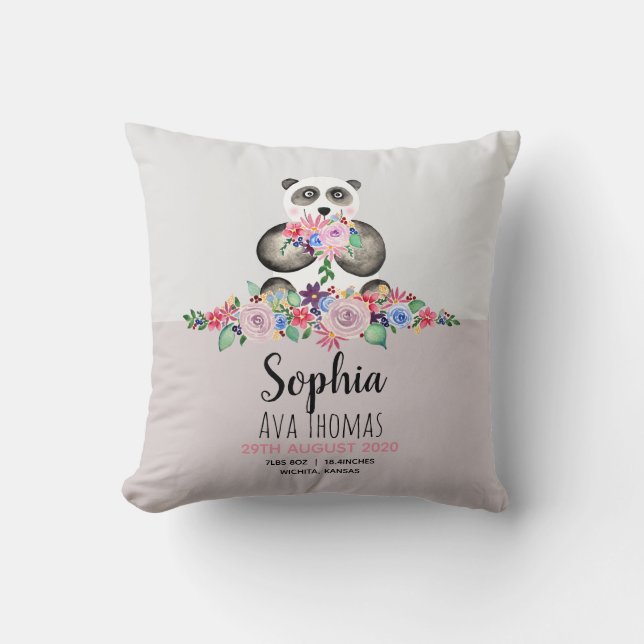 Girls Cute Panda and Flowers Birth Stats Nursery Cushion (Front)