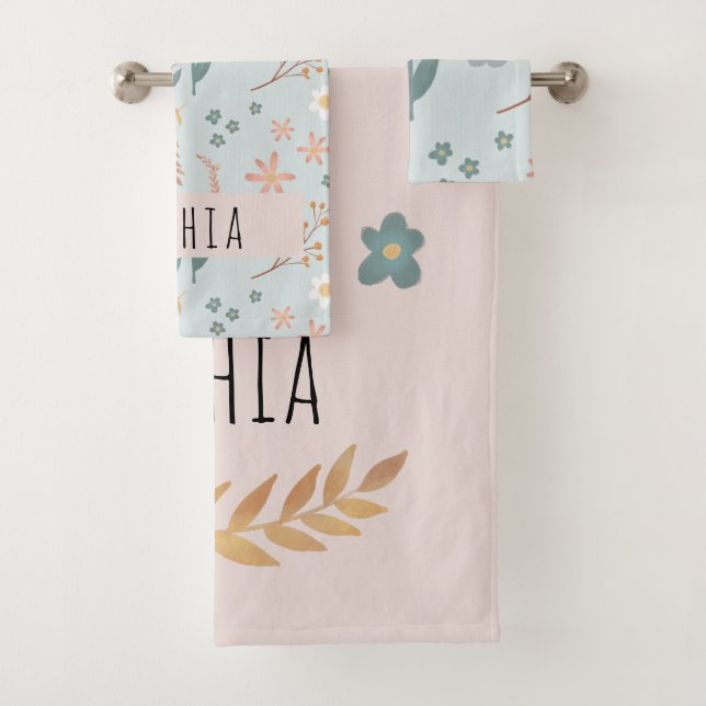 Girls Cute Pastel Floral Botanical Pattern Kids Bath Towel Set (Insitu)