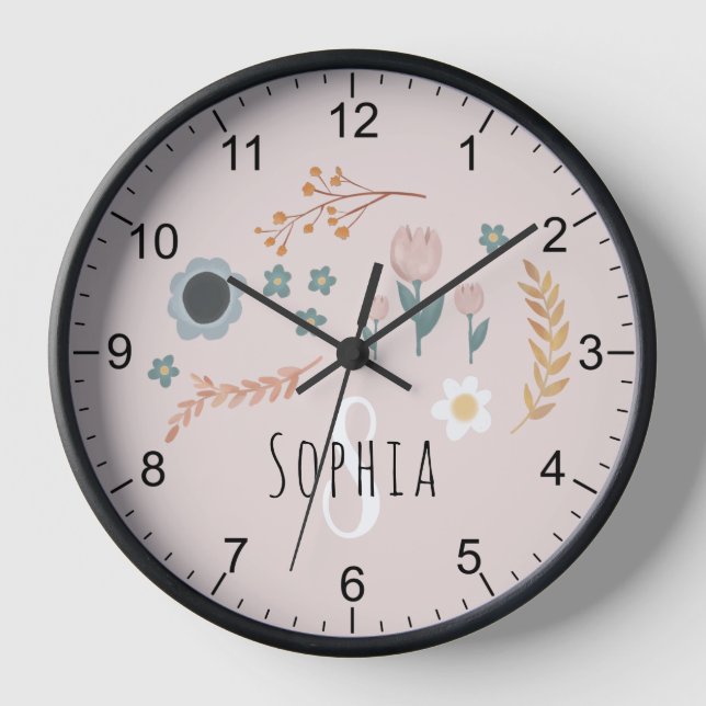 Girls Cute Pastel Floral Print Botanical Kids Clock (Front)