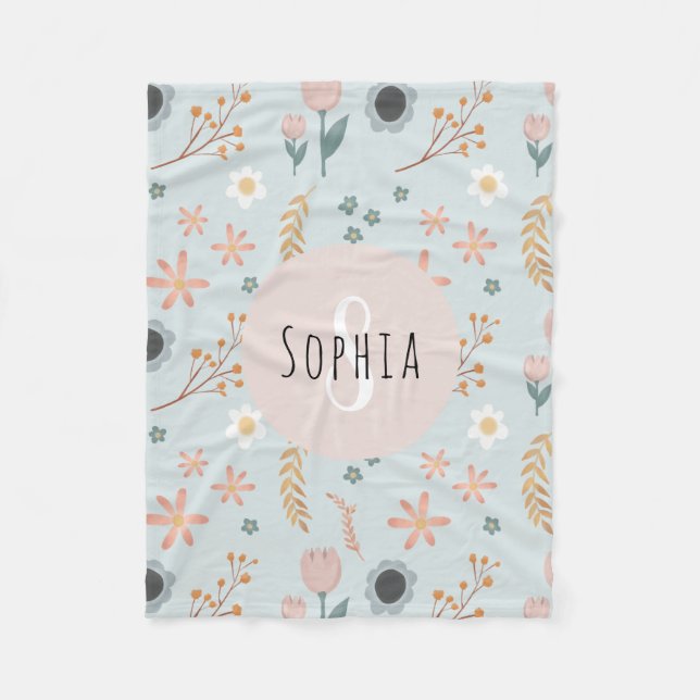 Girls Cute Pastel Floral Print Botanical Kids Fleece Blanket (Front)