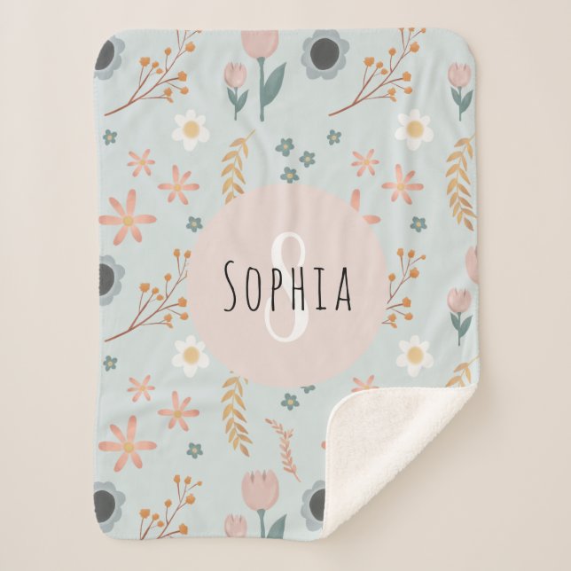Girls Cute Pastel Floral Print Botanical Kids Sherpa Blanket (Front)