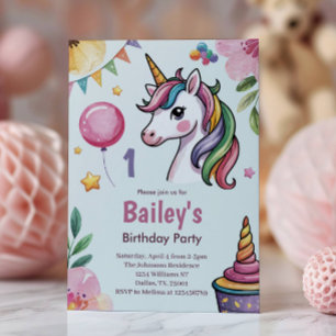 Girls Cute Pastel Unicorn Kids 1st Birthday Invitation