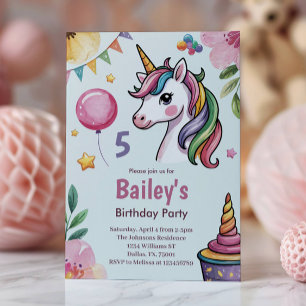 Girls Cute Pastel Unicorn Kids 5th Birthday Invitation