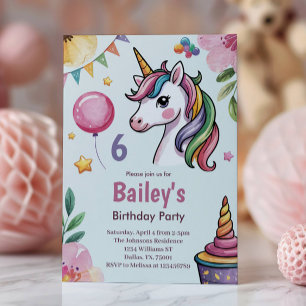 Girls Cute Pastel Unicorn Kids 6th Birthday Invitation