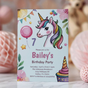 Girls Cute Pastel Unicorn Kids 7th Birthday Invitation