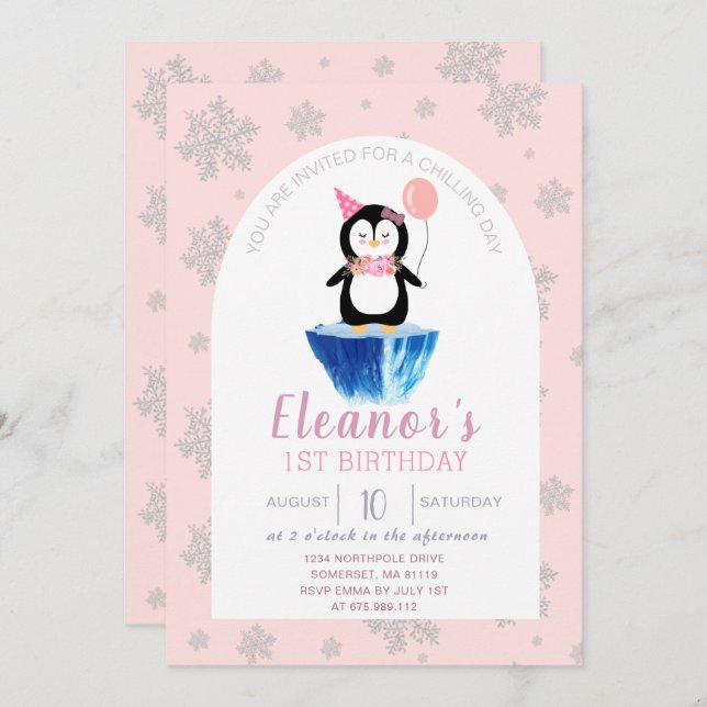 Girls Cute Penguin Winter Pink Birthday Invitation (Front/Back)